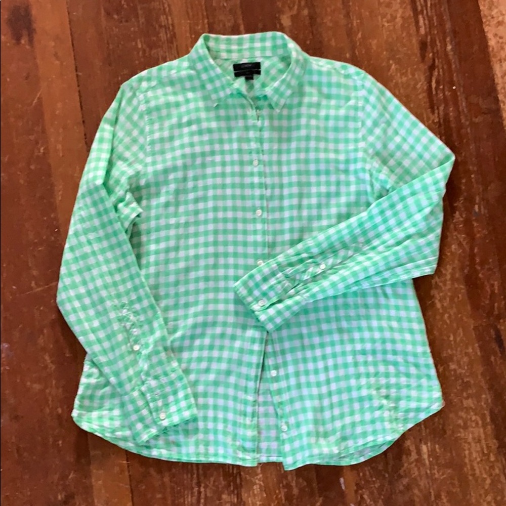 Green and white J Crew button-down shirt
